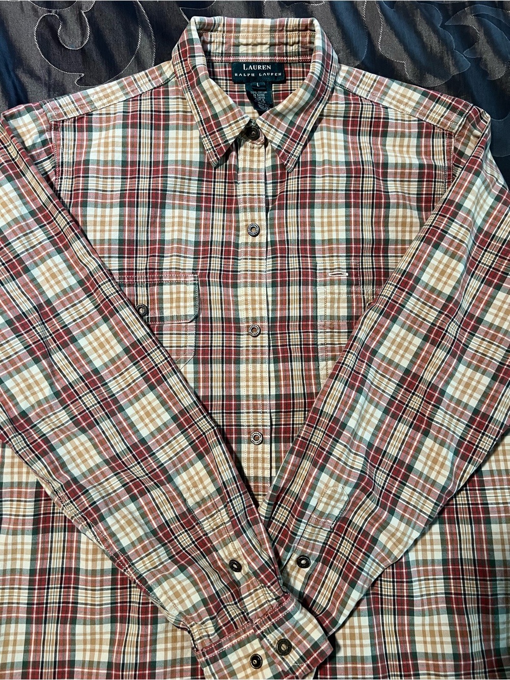 Lauren Ralph Lauren Red, Cream & Green Plaid Button-Down Cotton Long Slv Shirt L